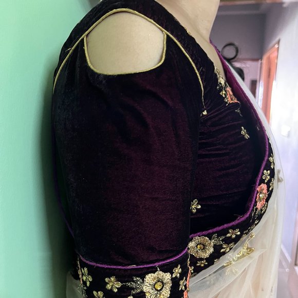 Grand Wine Coloured Lehenga Embellished with Pink and Gold Embroidered Flowers - Picture 6 of 17